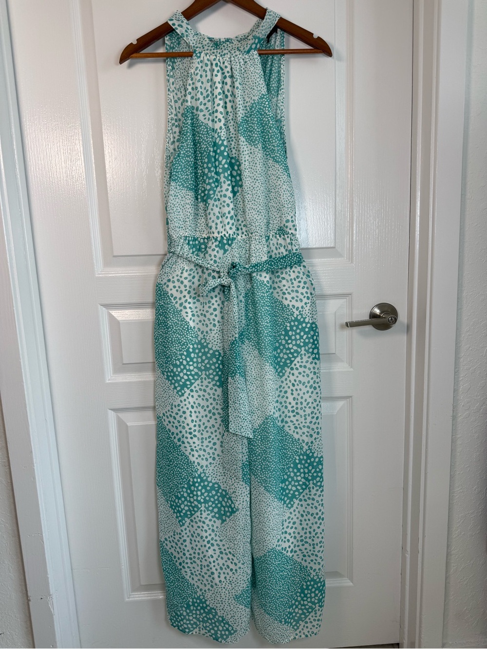 ambition Teal & White Sleeveless Halter Jumpsuit with Tie Waist (012)